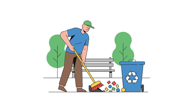 Man with a hat sweeps colorful trash items into a blue recycling bin in a park setting while standing in front of a bench and trees.