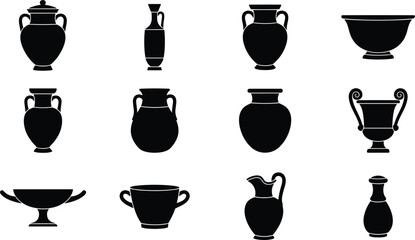 Ancient Greek Pottery Vector Silhouette Icon Set with Traditional Ceramic Amphora, Krater, Hydria, Jug, and Vase Shapes © Md shain