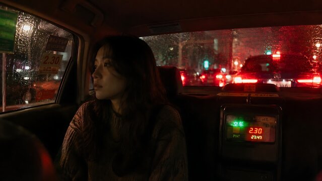 Pensive Woman Looking Out of a Car Window During a Rainy Night City Drive Through Urban Traffic