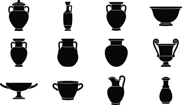 Ancient Greek Pottery Vector Silhouette Icon Set with Traditional Ceramic Amphora, Krater, Hydria, Jug, and Vase Shapes