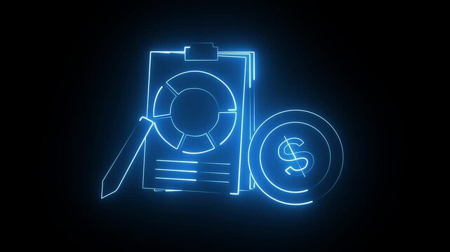 Neon glowing blue financial report clipboard with a pie chart and a dollar coin icon