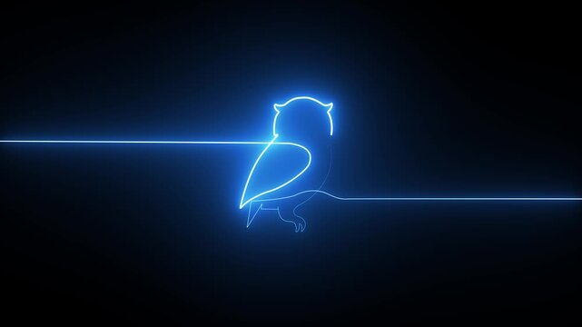 Minimalist continuous single line drawing of an owl made of glowing blue neon light on dark background