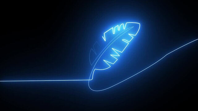 Continuous single line drawing of a glowing blue feather on a black background