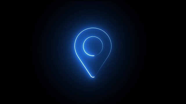 Glowing blue neon map pin icon on a dark black background
