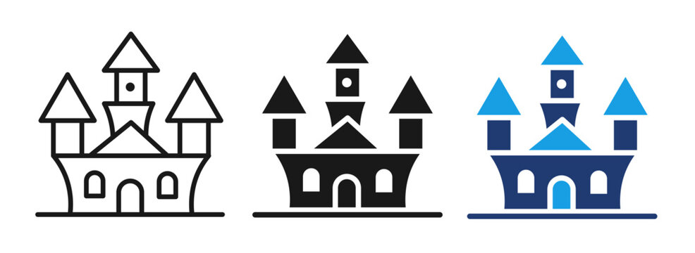 Halloween Haunted Castle Icon Set Vector, Spooky Ghost House, Horror Mansion, Line Solid Color Illustration