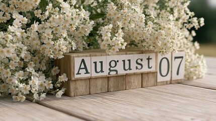 Wooden Calendar Showing the Date of August 7th. Day 7 of August month