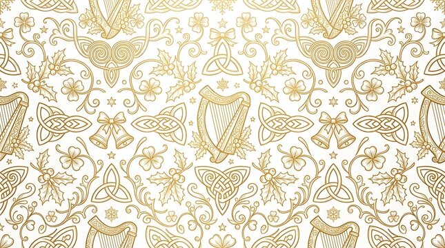 Festive Celtic Christmas Gold Line Art Wallpaper