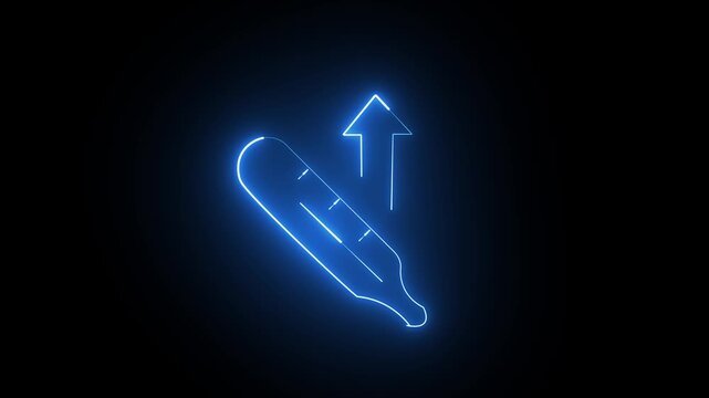 Glowing blue neon medical thermometer icon with an upward arrow showing high body temperature