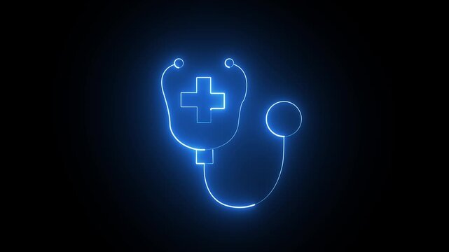 Glowing blue neon stethoscope icon with medical cross symbol on a black background