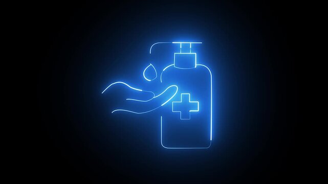 Neon blue glowing hand sanitizer bottle icon with a drop on a hand for hygiene and health care