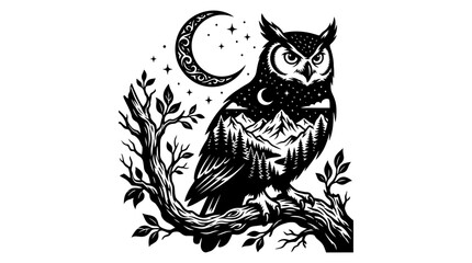 Naklejka premium Wise Owl Black Silhouette Vector with Moon, Forest, Mountains and Stars Negative Space Design