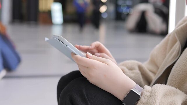 Close-up of person using tablet while seated in airport. Hands hold device with focus on screen. Smartwatch visible on wrist. Background shows blurred travelers and luggage. Person wears beige coat