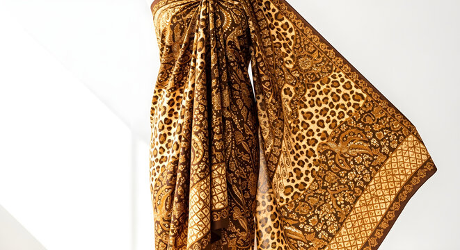 Rich brown and gold draped fabric featuring leopard print and intricate traditional batik patterns