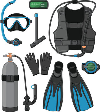 Scuba diving equipment and underwater gear vector set, cartoon snorkel objects isolated on white background