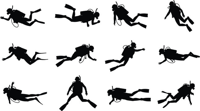 Scuba diver silhouette vector set, isolated underwater swimming people icons on a white background