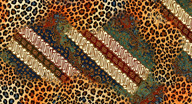 Wild Leopard Print and Elegant Batik Parang Pattern Abstract Fabric Texture