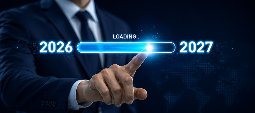 Business person hand touching virtual loading bar between years twenty twenty six and seven.