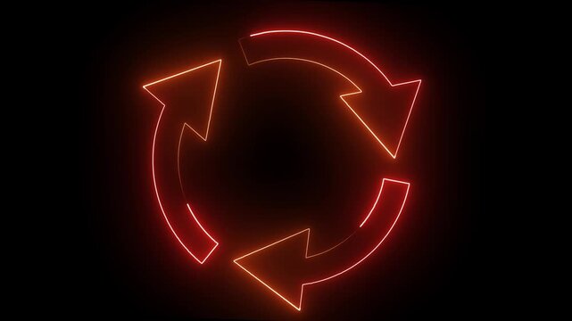 Red neon arrows forming cyclical motion on a dark background conveying process and repetition