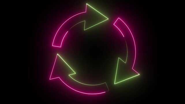 Rotating circular arrows in neon pink and green on a black background symbolizing concepts of recycling and renewal