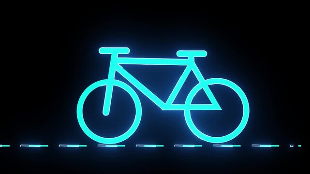 Neon blue bicycle icons moving forward on dark background with glowing path