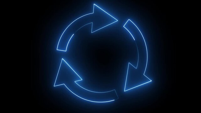 Blue neon arrows rotating in a continuous loop on a black background representing cycles and data flow