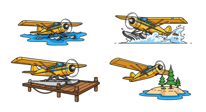 Yellow Seaplane Collection Flying, Landing, Docked, Takeoff