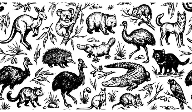 Dark Hand Drawn Australian Zoo Animals Seamless Pattern with Native Wildlife Sketch Illustration