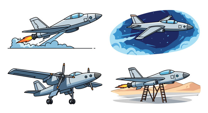 Collection of Cartoon Airplanes Jet Fighter Launch, Space Flight, Twin-Engine Prop Plane, and Takeoff