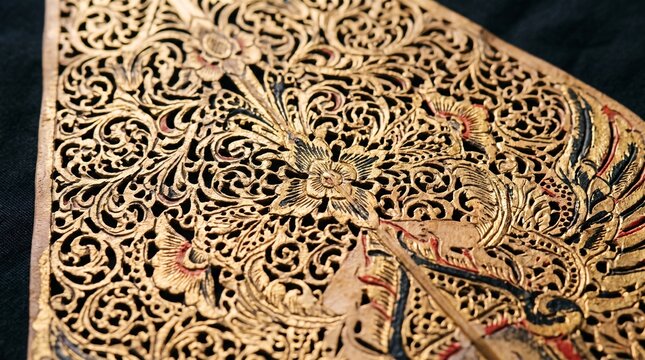 Traditional Javanese wayang kulit shadow puppet close-up, intricate gold painted perforated buffalo leather with floral ornamental openwork, Indonesian UNESCO heritage performing arts craft