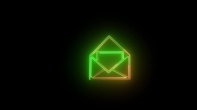 Glowing neon envelopes animate in a continuous digital loop against a dark background