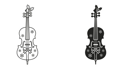 Christmas Cello Illustration: A stylized illustration of a cello adorned with festive Christmas motifs, featuring holly, snowflakes, and a bow, presented in both outline and silhouette. © mass
