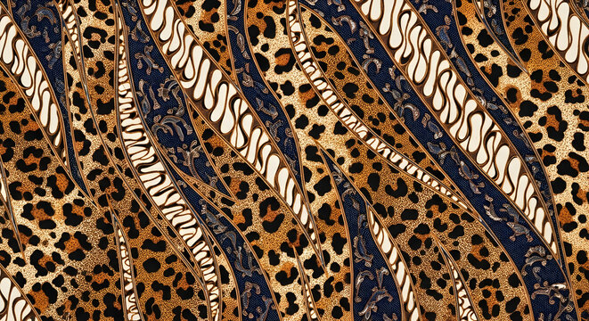 Luxurious gold and black leopard print batik pattern with traditional Indonesian parang motif and floral elements on dark blue fabric texture