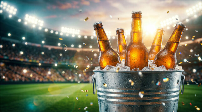 Bottles of beer sit in metal bucket filled with ice at sports stadium. Bright lights shine above cheering crowd. Concept of sports events, celebrations, outdoor gatherings