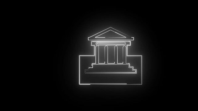 Animated courthouse building icons in a repeating pattern on a black background signifying justice and law