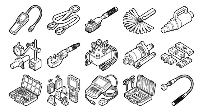 Isometric industrial measurement tools set, 15 professional engineering inspection equipment icons, technical diagnostic hardware vector collection