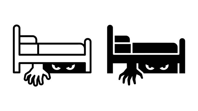Fear Under the Bed: Two stylized icons depict a hand and eyes peering out from under a bed, conveying a sense of unease, suspense, and childhood fear of the dark or what lurks beneath.