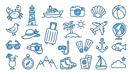 Travel and vacation doodles illustration featuring beach, sea, and adventure icons symbolizing leisure, exploration, and global wanderlust © Ali