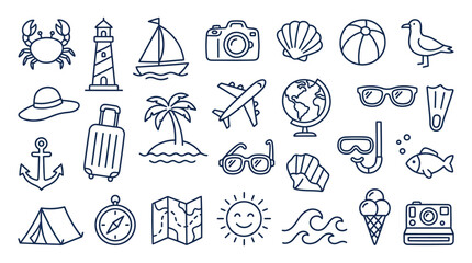 Travel and vacation doodles illustration featuring beach, sea, and adventure icons symbolizing leisure, exploration, and global wanderlust © Ali