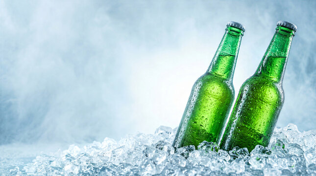 Two green bottles of beer are nestled in ice with water droplets on the surface. Soft lighting creates a relaxed ambiance. Concept of bars, restaurants, beverage shops
