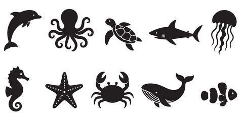 Black Sea Creatures Icon Set, Ocean Animals Illustration. A collection of black silhouette icons featuring various sea creatures on a white background. © AshfaqAman