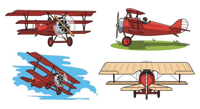 Vintage Red Triplane Airplane Set Side, Front, Top Views, Flying