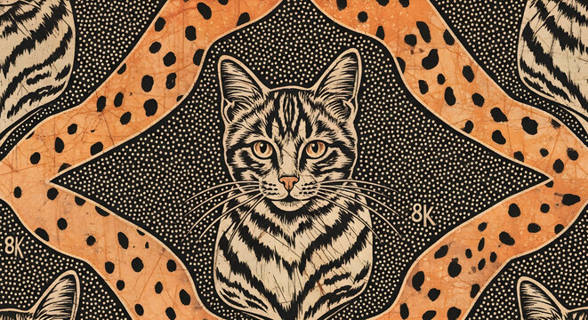 Artistic Cat Face Illustration Vintage Animal Print Dotted Pattern Background