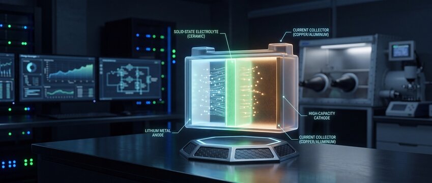 Holographic display showing internal battery structure with solid state electrolyte and lithium metal anode technology in laboratory