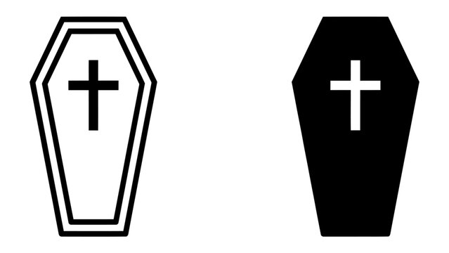 Two Coffin Icons: A stark representation of mortality with two distinct coffin icons, one outlined and the other a solid silhouette, both bearing a simple cross.