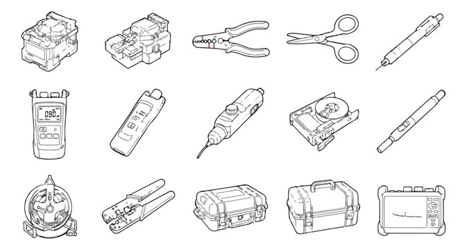 Fiber optic technician tools set, 15 isometric line icons of telecommunication equipment, network installation hardware and testing devices