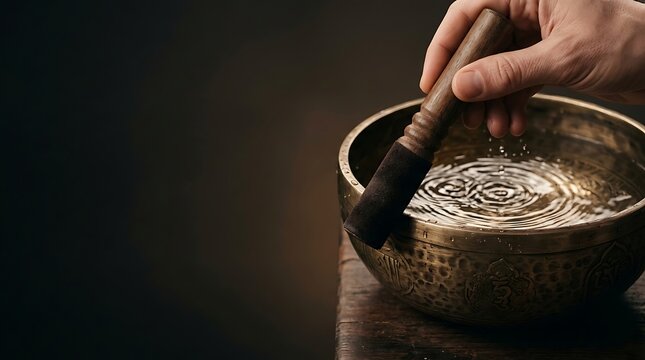 Hand playing a brass singing bowl with vibrating water ripples