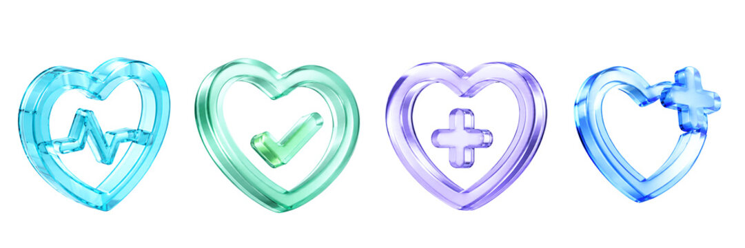 3D Medical Heart Icons Set, Glossy Glass Healthcare Symbols with Heartbeat, Plus Cross and Check Mark, Clinical Care Concept Isolated on Transparent Background