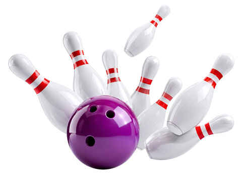 3D Bowling Strike Concept with Glossy Purple Ball Crashing and Scattering White Pins with Red Stripes, Active Sport Game Element Isolated on Transparent Background