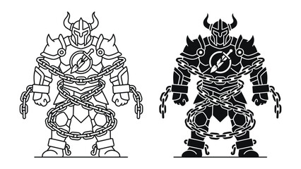 Knight in Chains: An armored knight, depicted in both line art and silhouette, stands bound by heavy chains, symbolizing constraint and power. © Sara