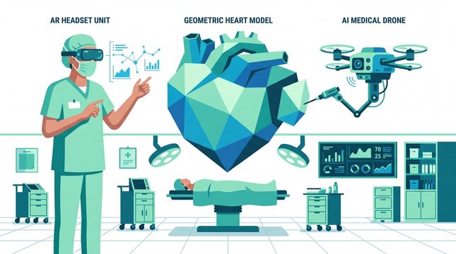 Augmented reality medical technology, AR headset unit for surgical planning. Geometric heart model, AI medical drone assisting in a modern operating room. Innovative healthcare